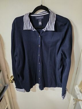 Jones New York Button Cardigan Sweater Womans Sz 2X Dark Blue Collar Long Sleeve